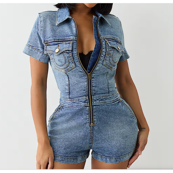TRUE RELIGION - ZIP DENIM ROMPER MELLOW WASH - NWT - SZ XL - Picture 1 of 7